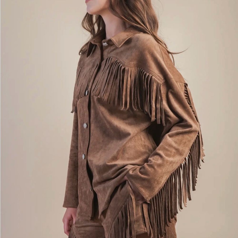 Suede Fringe Detail Western Jacket Shacket - Picture 4 of 6